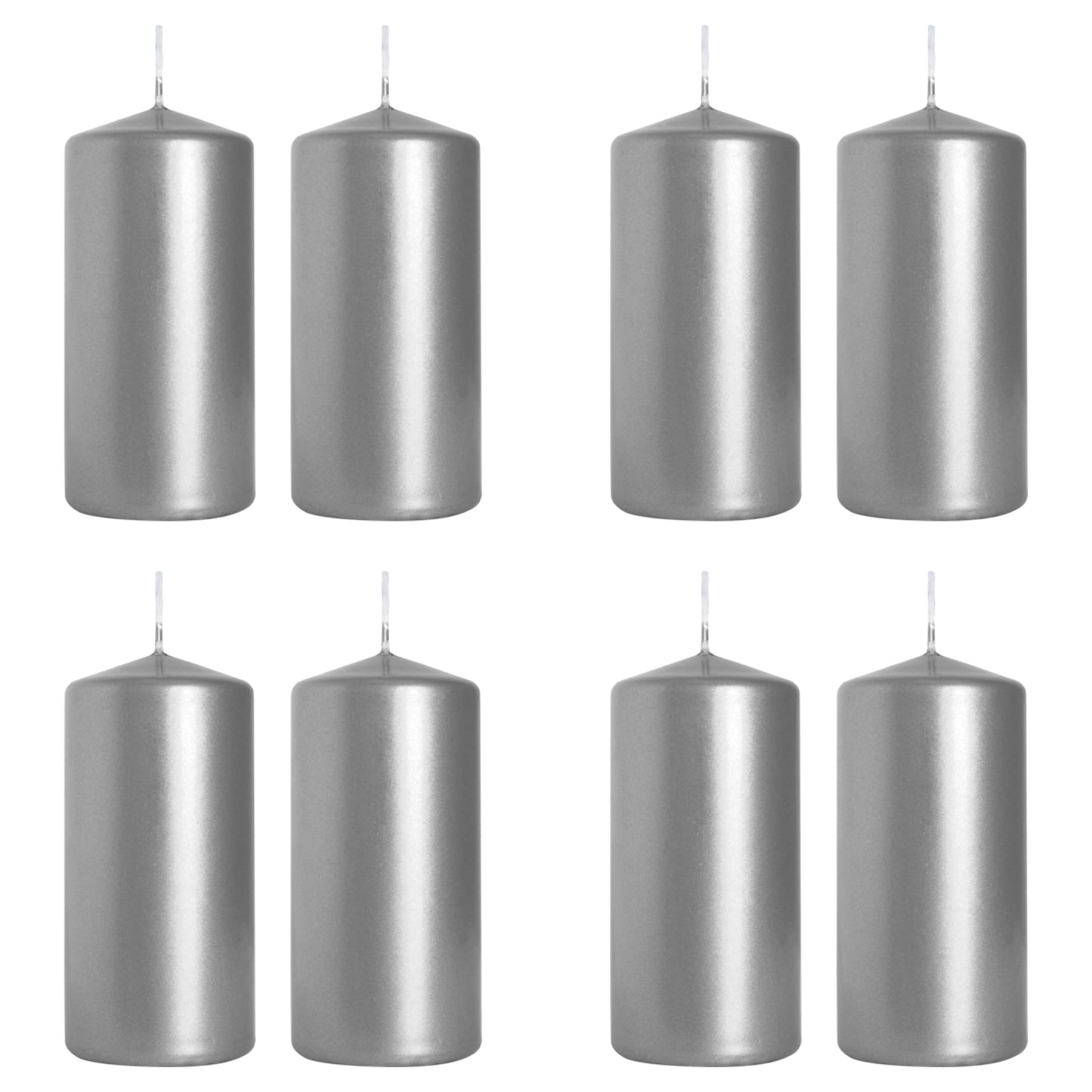 Pillar Candles, Pack of 8, Unscented, Long Burning Time, 10 x 5 cm / 4 x 2 in (Silver, Metallic)