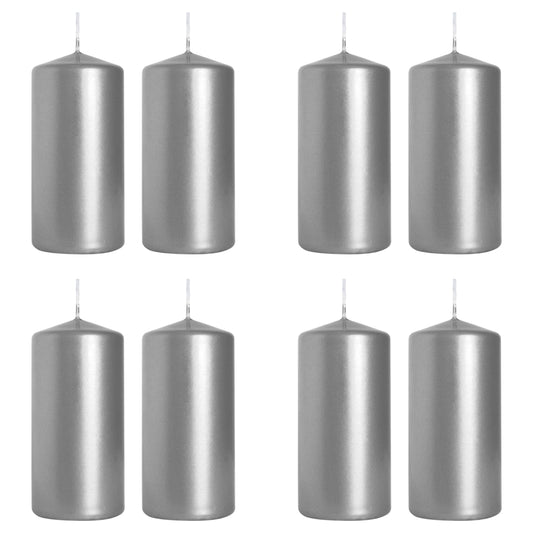 Pillar Candles, Pack of 8, Unscented, Long Burning Time, 10 x 5 cm / 4 x 2 in (Silver, Metallic)