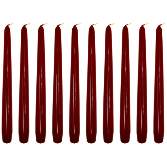 Tapered Dinner Candles, Pack of 10, Unscented, Long Burning Time, 24 cm / 9.45" (Burgundy, Varnished)