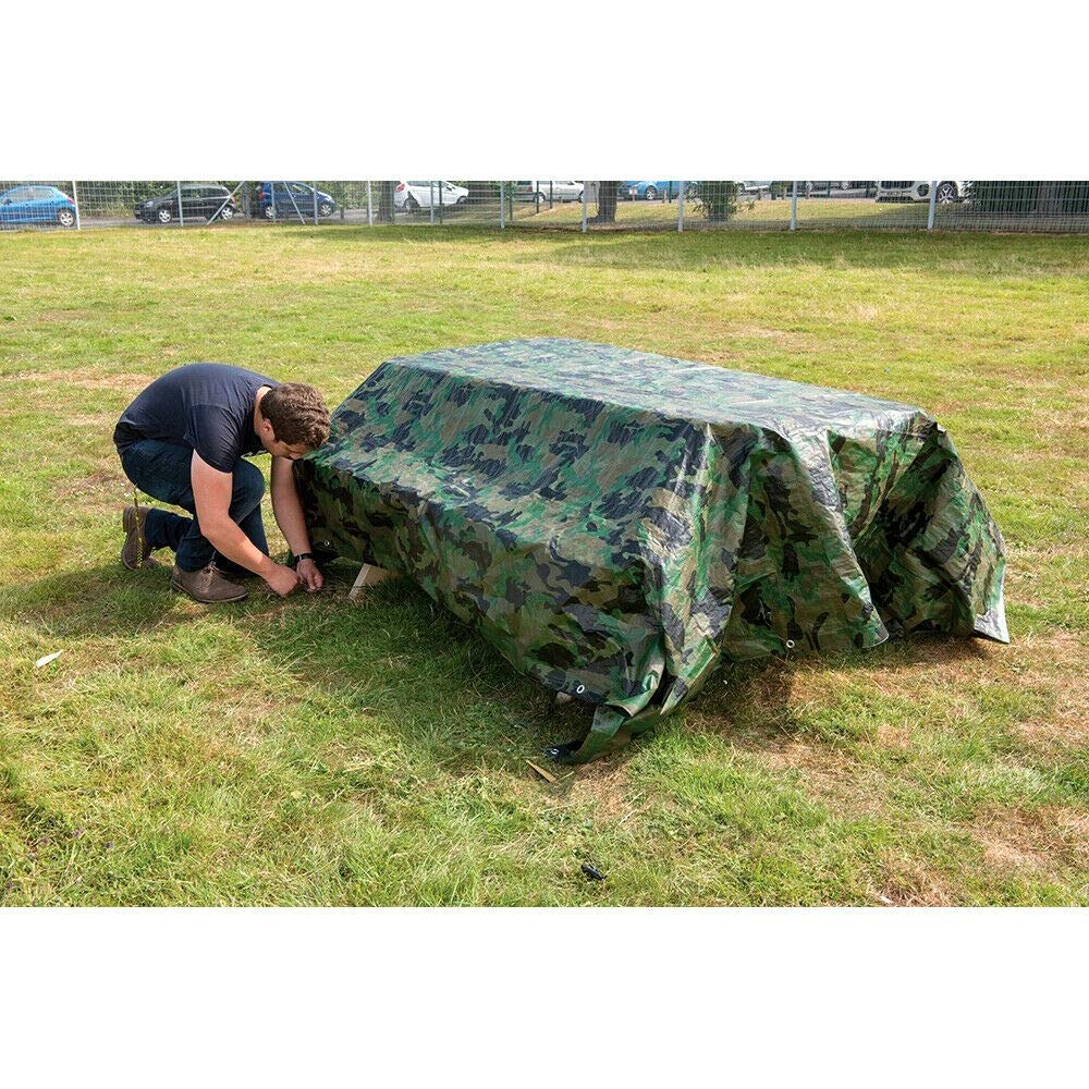 4 x 4 m Tarpaulin Waterproof Heavy Duty Cover Ground Sheet Camping with 4 Tarp Clips + 10m / 30ft Bungee Cord (Camo/Army - 90GSM)