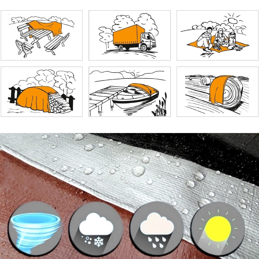 4 x 4 m Tarpaulin Cover Heavy-Duty 260GSM Extra Thick, Waterproof, Frost-Resistant + 4 Tarp Clips + 10m / 30ft Bungee Cord