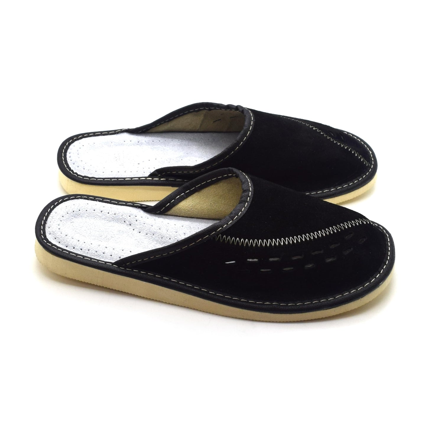 Men's Natural Suede Leather Slippers Shoes, Comfortable Slip-On Mules for Gents (Black, Size: 9.5 UK / 44 EU)