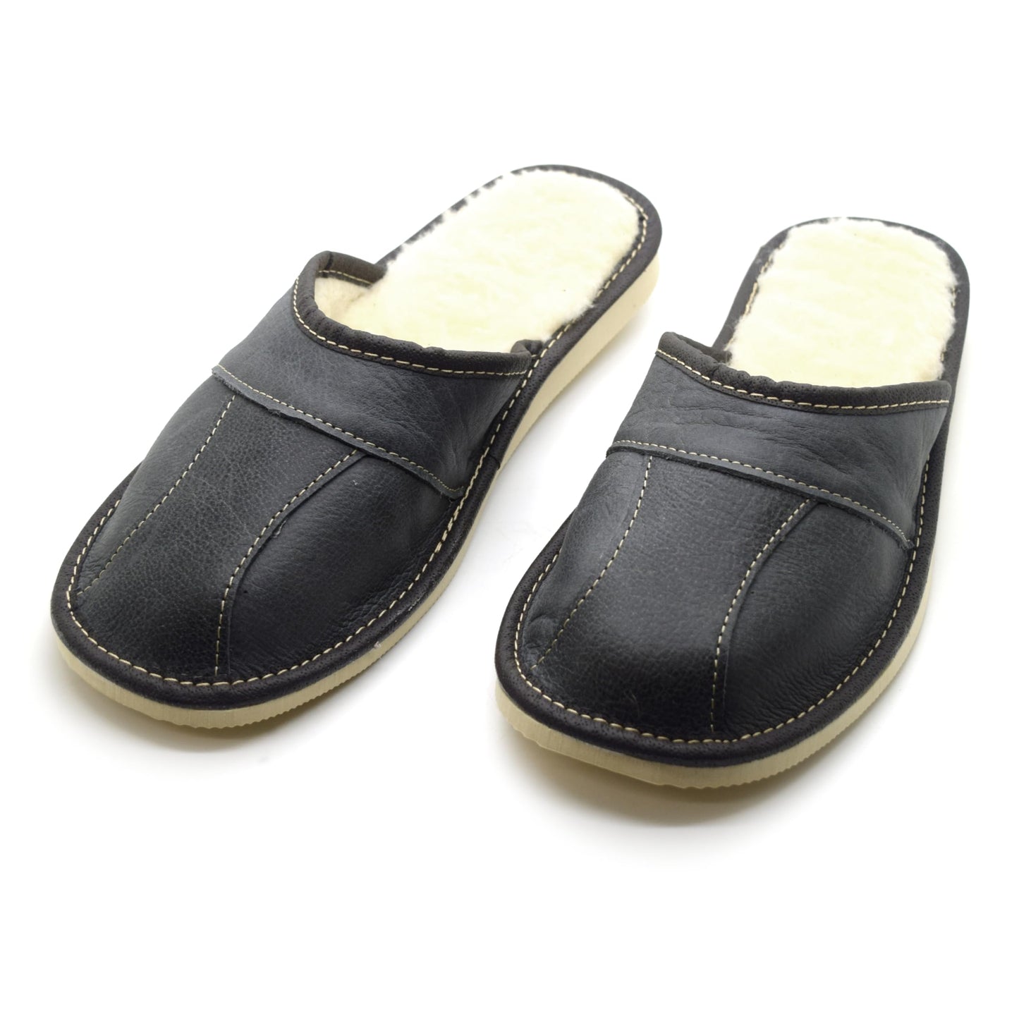 Men's Natural Leather Slippers with Warm and Cosy Fur Lining, Comfort Winter Slip On Mules (Graphite Grey, Size: 10.5 UK / 45 EU)