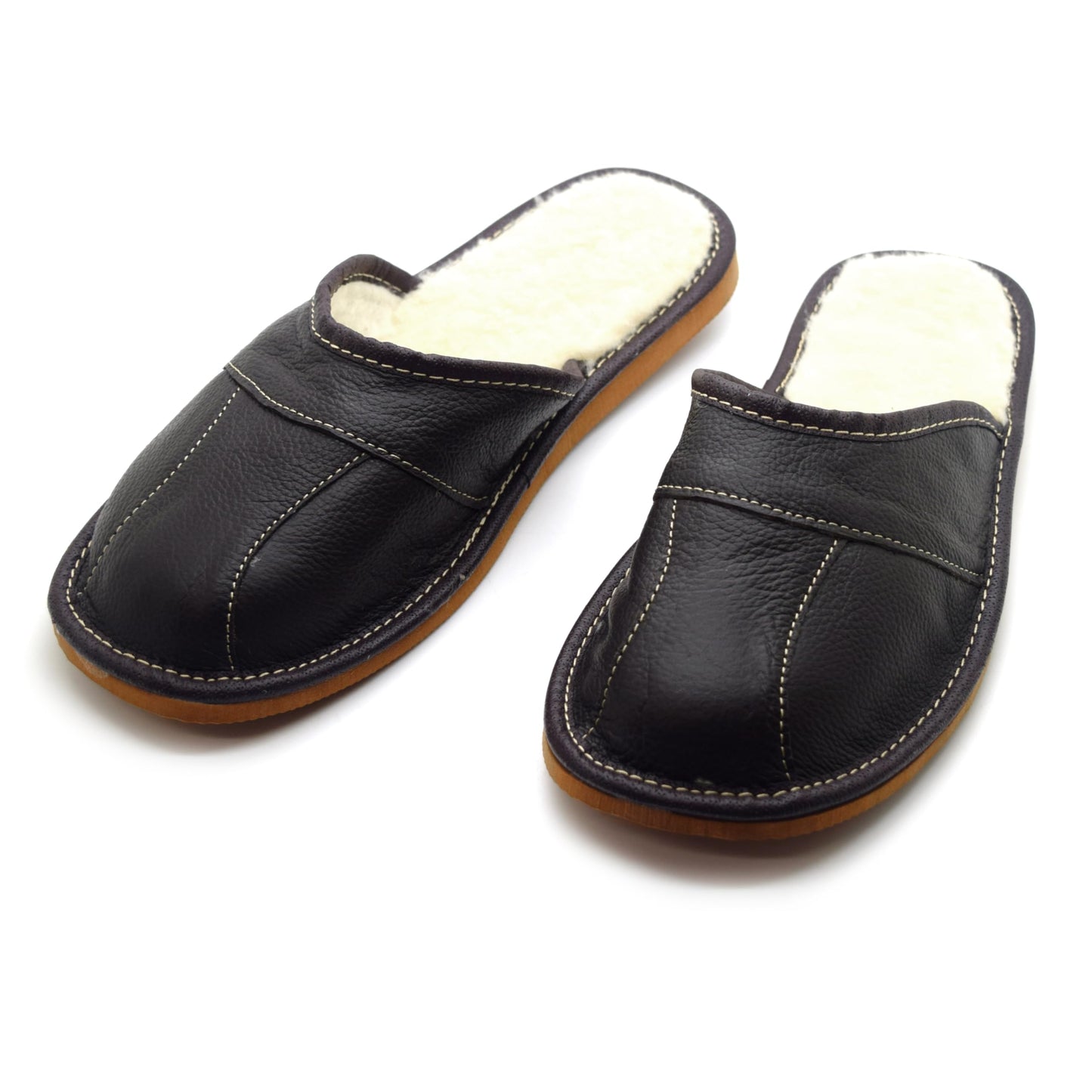 Men's Natural Leather Slippers with Warm and Cosy Fur Lining, Comfort Winter Slip On Mules (Dark Brown, Size: 8 UK / 42 EU)