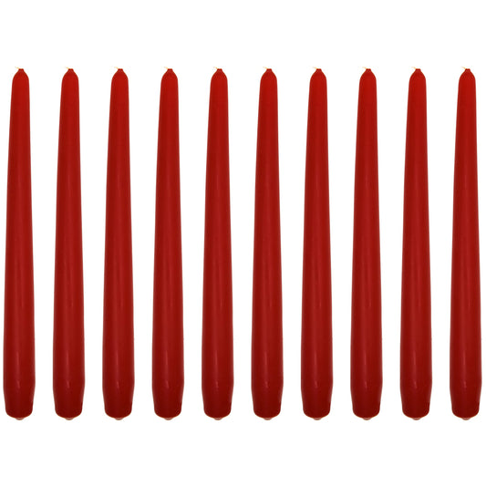 Tapered Dinner Candles, Pack of 10, Unscented, Long Burning Time, 24 cm / 9.45" (Red, Matt)
