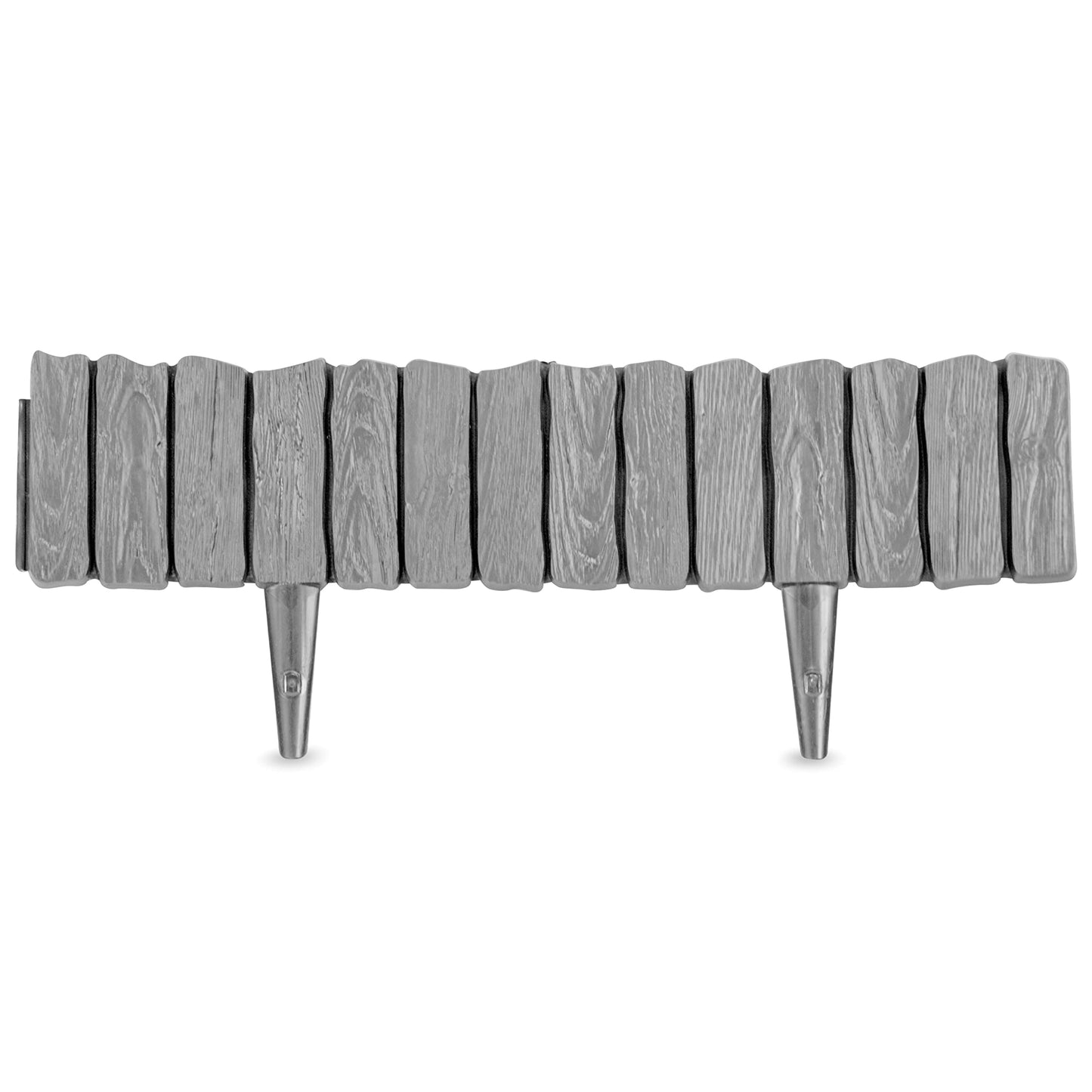 Grey Lawn Edging Border - 2.26 m / 7.4 ft Long Garden Palisade with Wood Bark Effect - Fencing with Ground Stakes