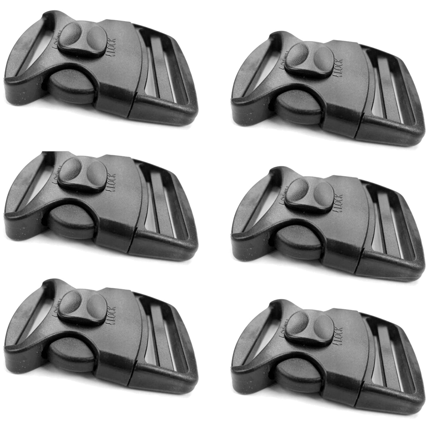 6 x Side Release Buckles, Heavy-Duty with a Lock Slider, Black Plastic Buckles for 50 mm / 2 in Webbing Strap
