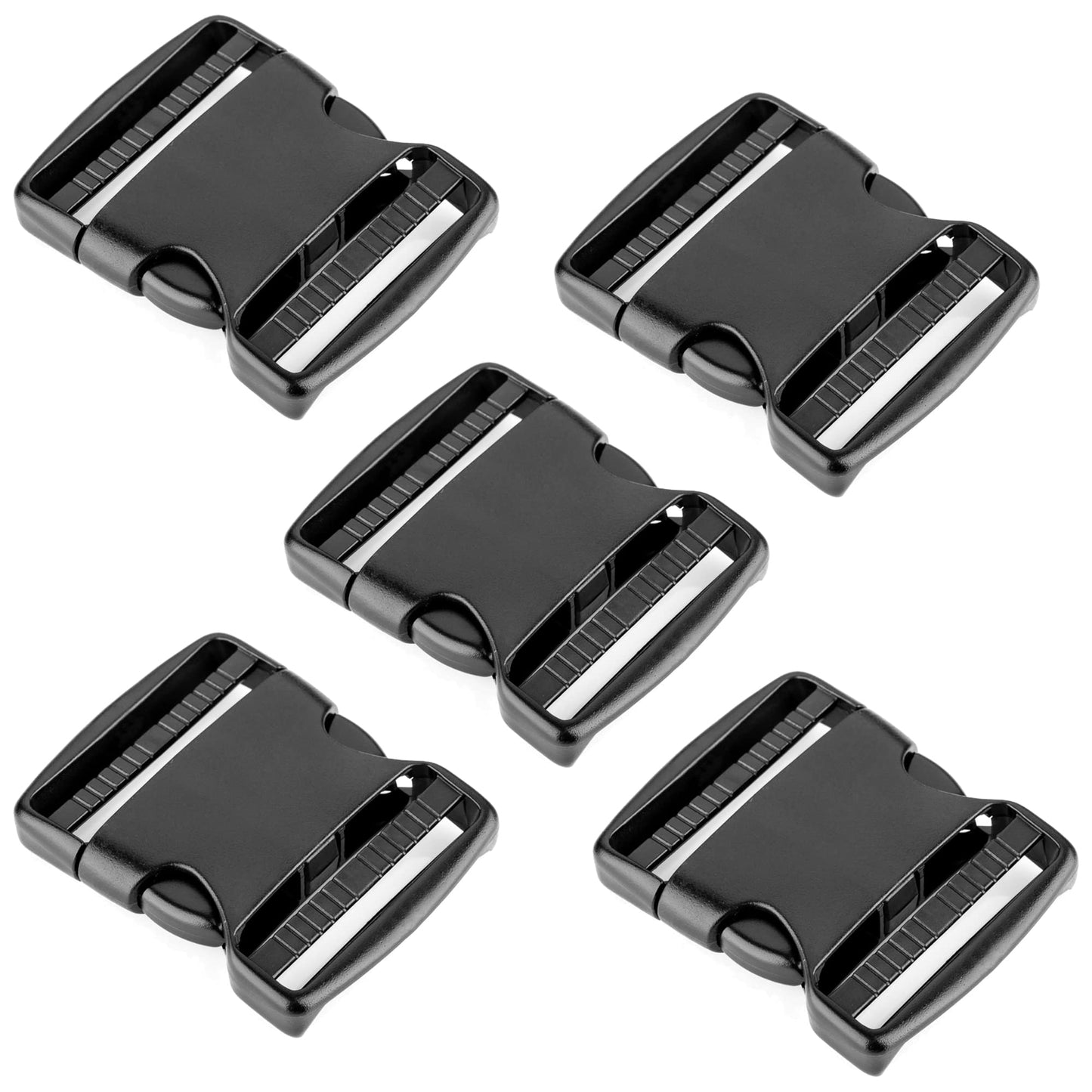 Side Release Buckles Clips for 50 mm / 2 inch Webbing Strap, Squeeze Fasteners, Black Delrin Plastic (Pack of 5)