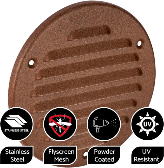 Brown Louvred Wall Vent Grille with Flyscreen, Fits 125 mm / 5 in Ducts, Round Ventilation Grille with Flat Back