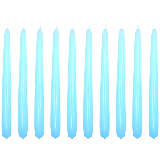 Tapered Dinner Candles, Pack of 10, Unscented, Long Burning Time, 24 cm / 9.45" (Light Blue, Varnished)