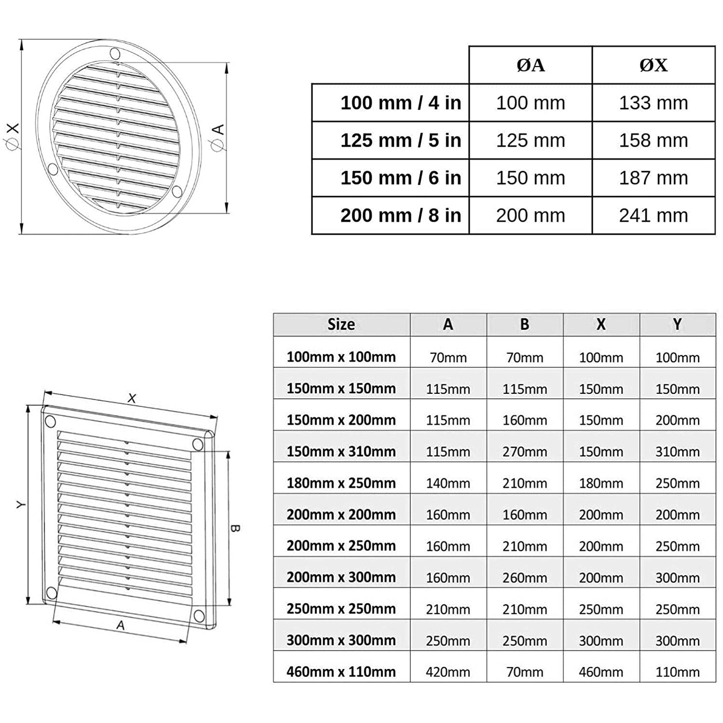Black Louvred Wall Vent Grille with Flyscreen and Screw Covers, 100 mm / 4 in, Air Ventilation Duct Cover with Flat Back