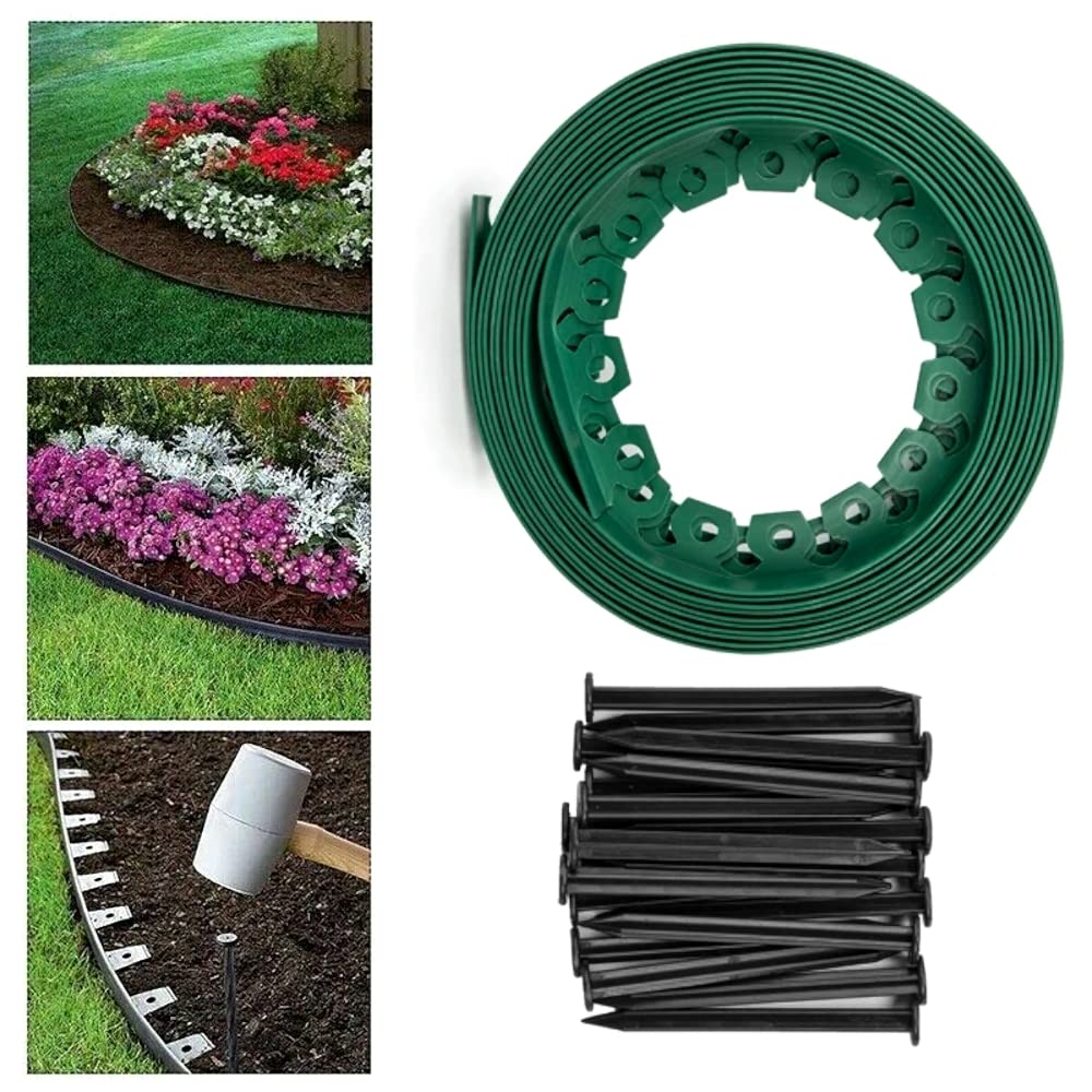 Green Lawn Edging Border - 10 m / 33 ft Long Flexible Plastic Garden Edging & 20 Securing Pegs - Easy to Cut and Shape (38mm High)