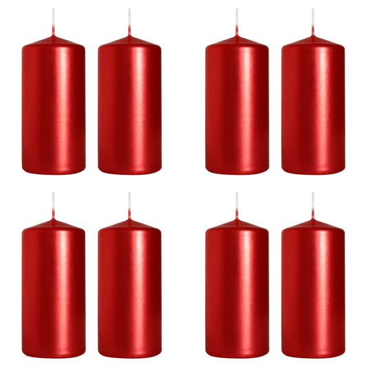 Pillar Candles, Pack of 8, Unscented, Long Burning Time, 10 x 5 cm / 4 x 2 in (Red, Metallic)
