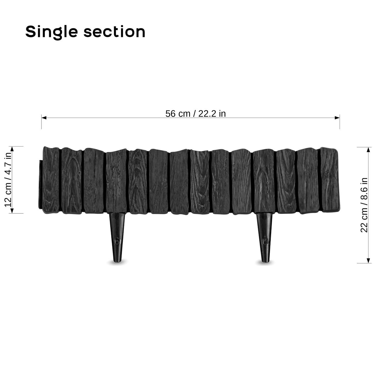Black Lawn Edging Border - 2.26 m / 7.4 ft Long Garden Palisade with Wood Bark Effect - Fencing with Ground Stakes