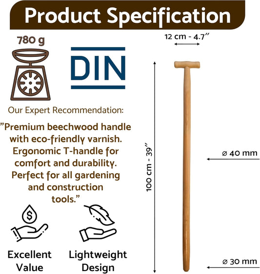 Lacquered Beechwood Shovel Handle 100 cm / 39 in - Ergonomic T-Grip Wooden Shaft for Spade, Fork, Shovel - 40 mm to 30 mm Tapered