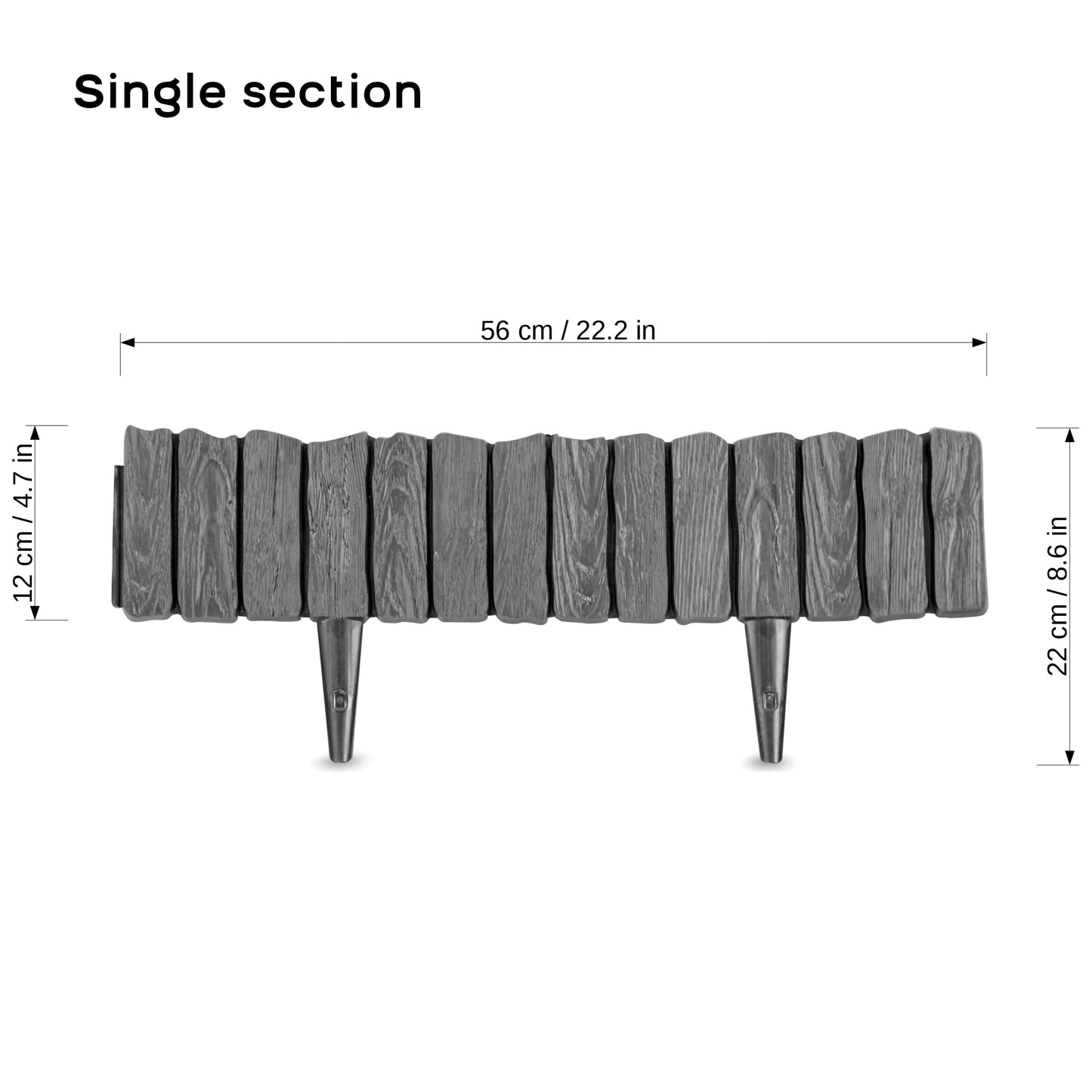 Anthracite Grey Lawn Edging Border - 2.26 m / 7.4 ft Long Garden Palisade with Wood Bark Effect - Fencing with Ground Stakes
