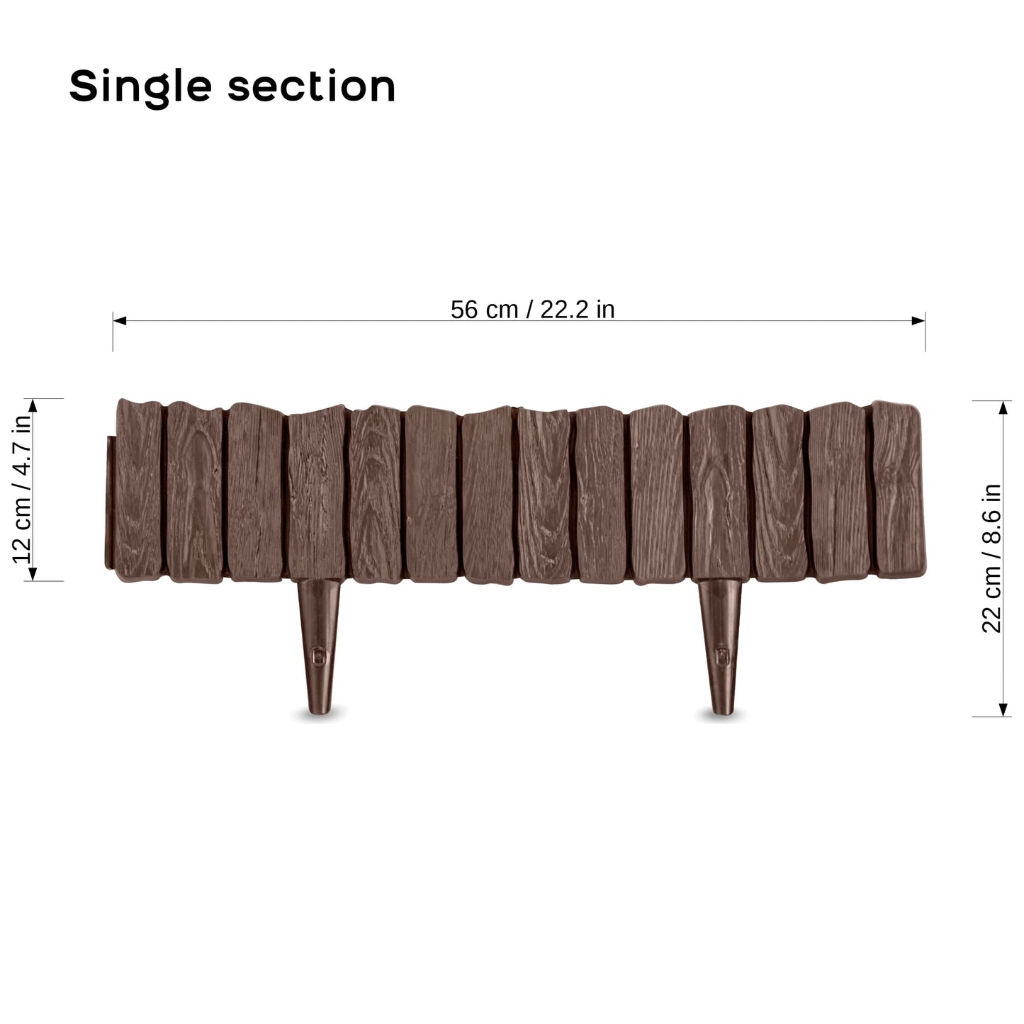 Brown Lawn Edging Border - 2.26 m / 7.4 ft Long Garden Palisade with Wood Bark Effect - Fencing with Ground Stakes