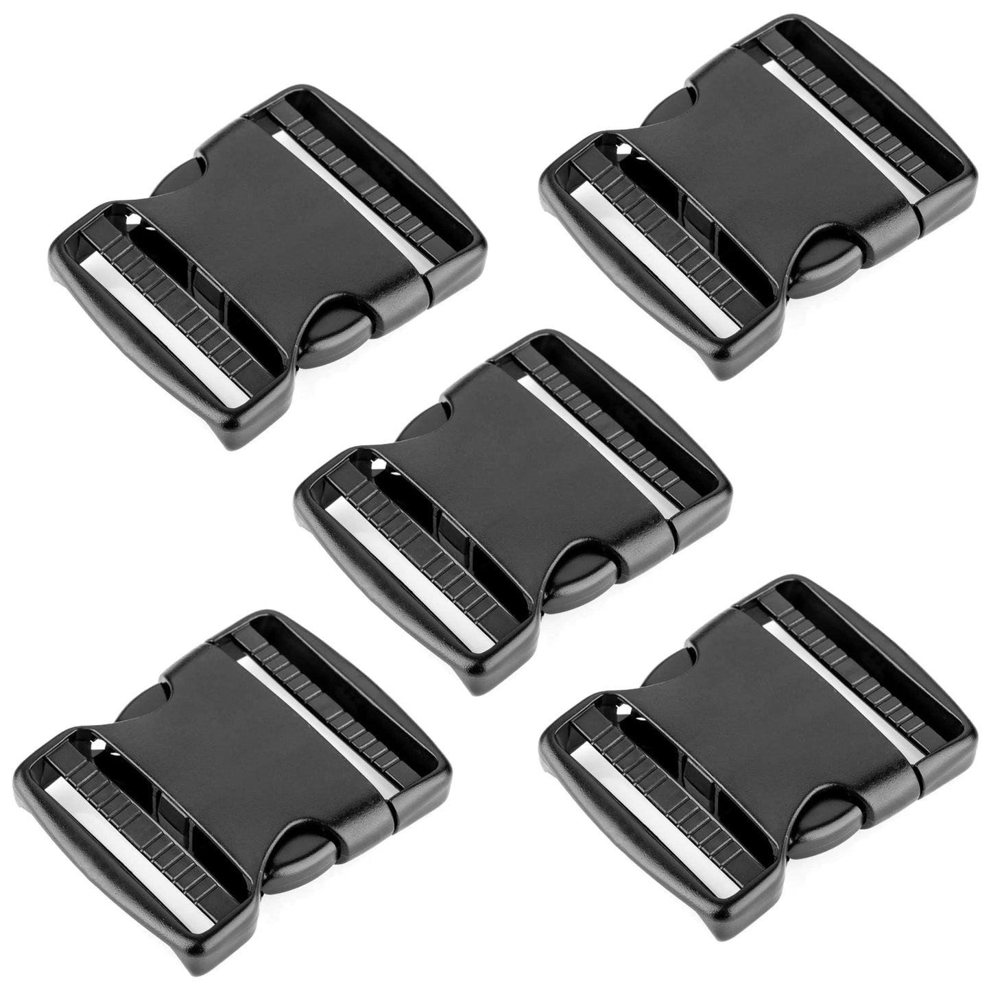 Side Release Buckles Clips for 50 mm / 2 inch Webbing Strap, Squeeze Fasteners, Black Delrin Plastic (Pack of 5)
