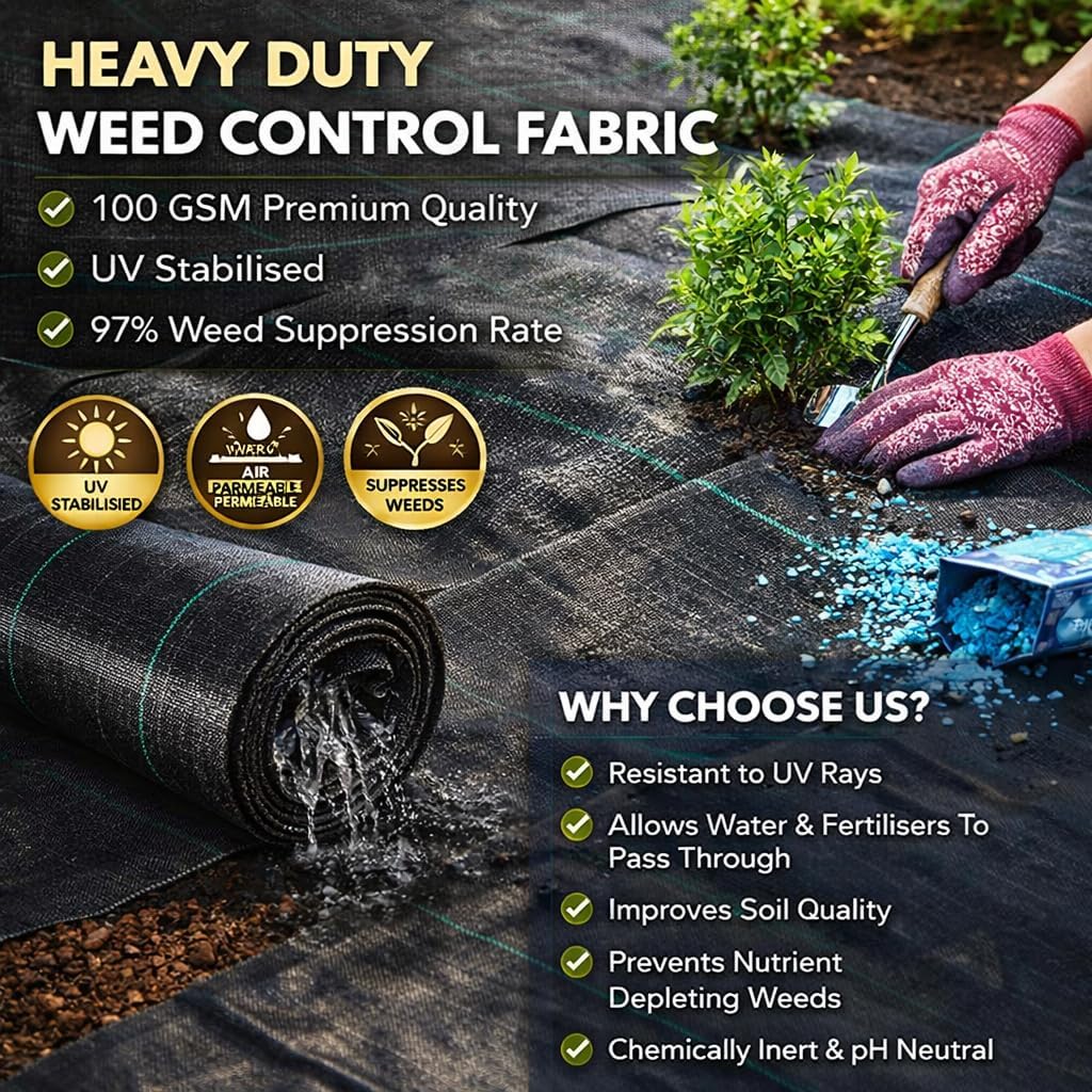 3 x 15 m / 9.8 x 49.2 ft Weed Control Membrane, Weed Control Woven Fabric, Ground Cover Sheet, 100 GSM, UV Stabilised