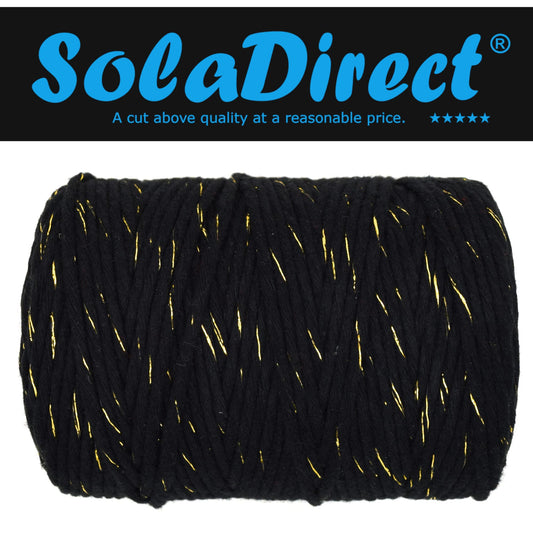 Macrame Cord Twine Natural Cotton String Craft Artisan Thread Twisted Macramé (Black with Gold Thread, 3 mm x 200 m / 656 ft)