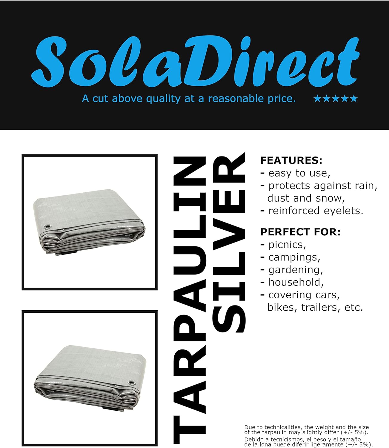 4 x 4 m Tarpaulin Cover - Silver 90GSM - Waterproof, Frost-Resistant, UV Protection, Multipurpose, Groundsheet