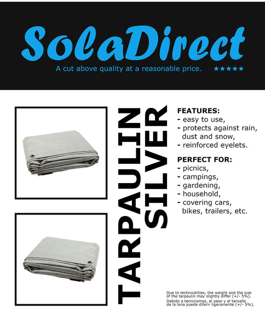 4 x 6 m Tarpaulin Waterproof Heavy Duty Cover Ground Sheet Camping with 4 Tarp Clips + 10m / 30ft Bungee Cord (Silver - 90GSM)