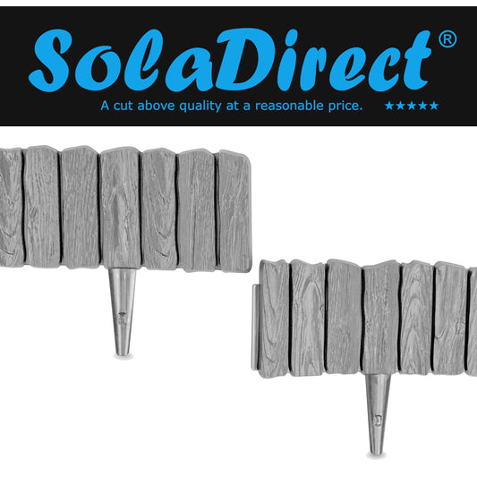 Grey Lawn Edging Border - 2.26 m / 7.4 ft Long Garden Palisade with Wood Bark Effect - Fencing with Ground Stakes