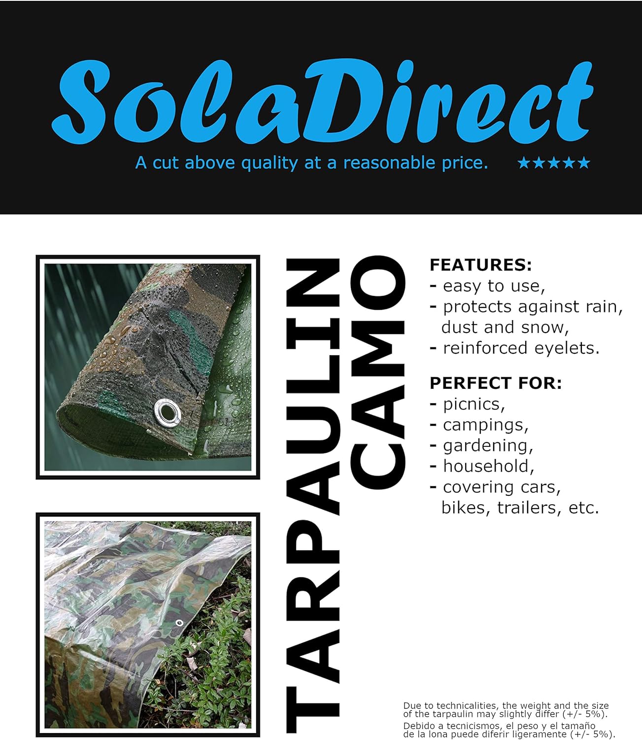2 x 2 m Tarpaulin Cover - Camo 85GSM - Waterproof, Frost-Resistant, UV Protection, Multipurpose, Groundsheet