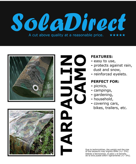 4 x 4 m Tarpaulin Waterproof Heavy Duty Cover Ground Sheet Camping with 4 Tarp Clips + 10m / 30ft Bungee Cord (Camo/Army - 90GSM)