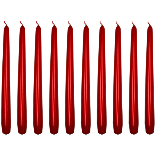 Tapered Dinner Candles, Pack of 10, Unscented, Long Burning Time, 24 cm / 9.45" (Red, Metallic)