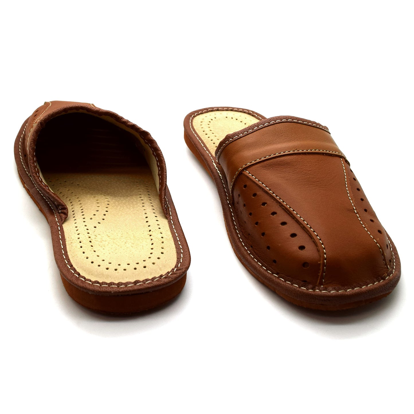 Men's Natural Leather Slippers Shoes, Closed Toe Comfortable Slip-On Sandals Mules for Gents (Brown, Size: 10.5 UK / 45 EU)