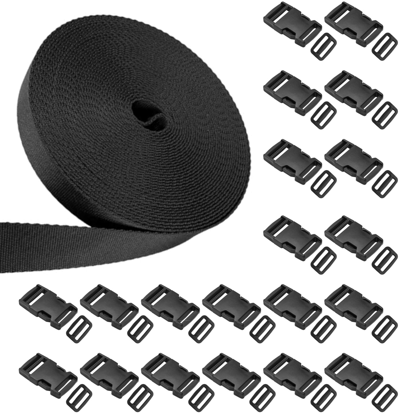 10 m / 11 yd Heavy-Duty Webbing Strap, 20 Sets Side Release Buckles and Tri-Glide Slides (25 mm / 1 inch, Black)