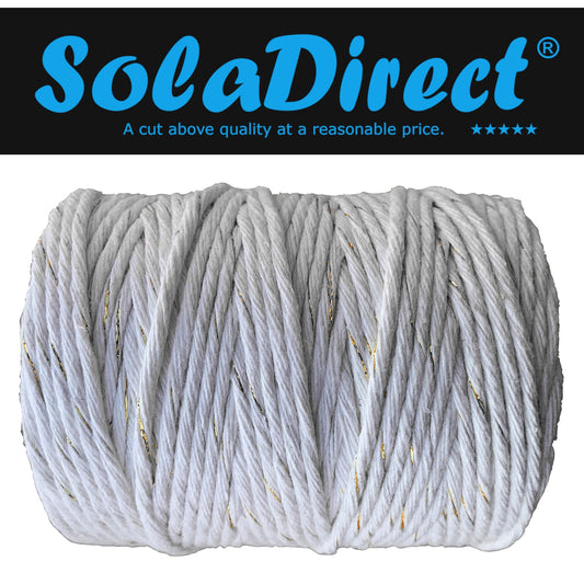 Macrame Cord Twine Natural Cotton String Craft Artisan Thread Twisted Macramé (White with Gold Thread, 2 mm x 300 m / 984 ft)