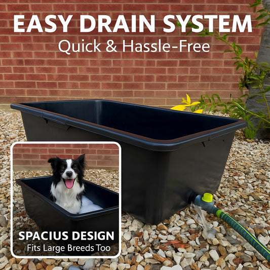 Dog Bath Tub 90L With Drain Plug - Large Rectangular Plastic Pet Bath Container With Quick Connect Valve for Easy Water Drainage