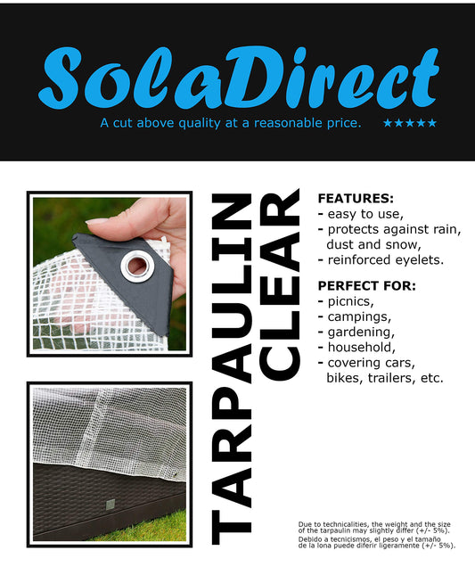 6 x 8 m Tarpaulin Waterproof Heavy Duty Cover Ground Sheet Camping with 4 Tarp Clips + 10m / 30ft Bungee Cord (Clear - 100GSM)