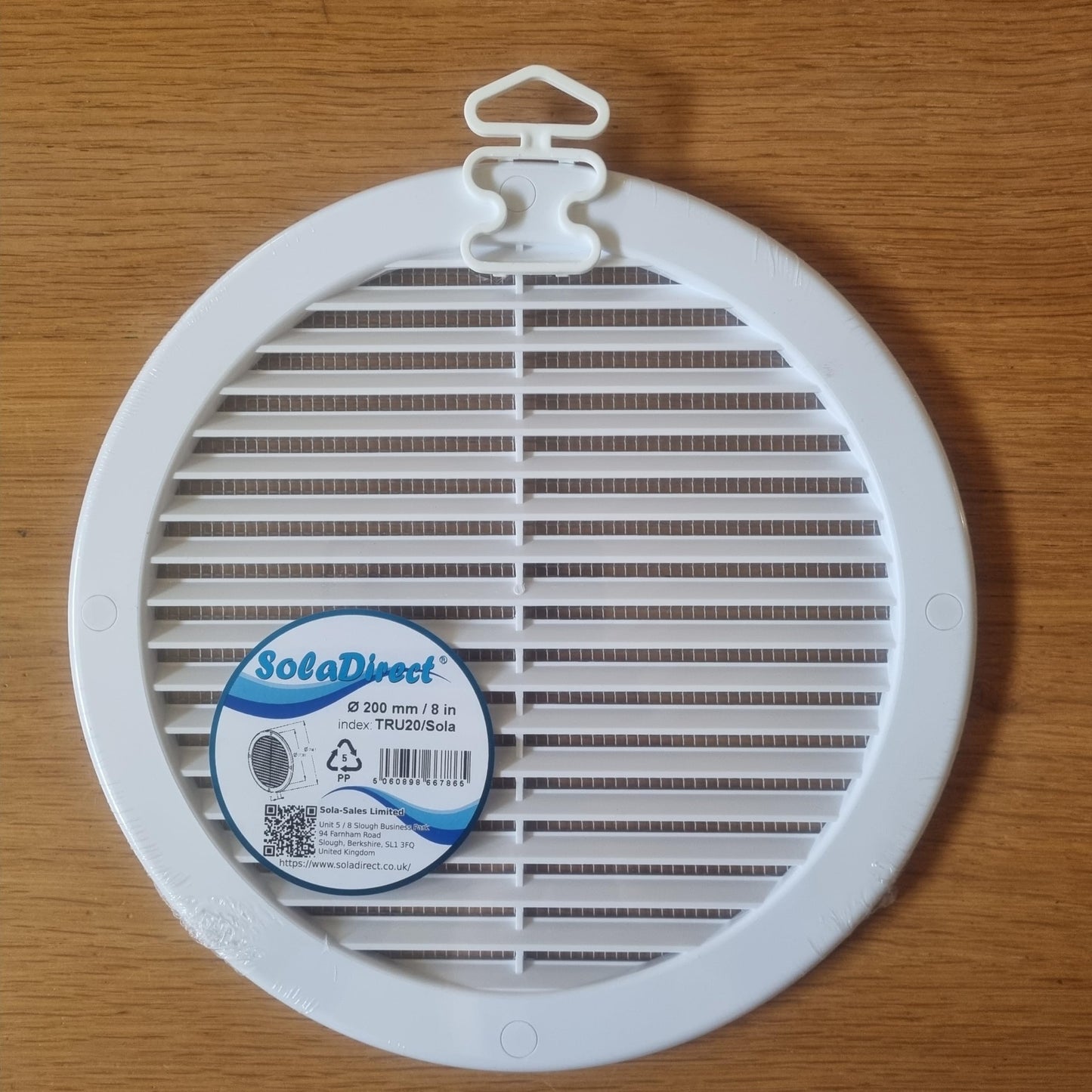 White Louvred Wall Vent Grille with Flyscreen and Screw Covers, 200 mm / 8 in, Air Ventilation Duct Cover with Flat Back