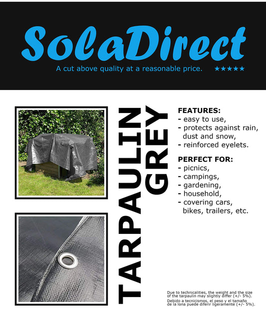 2 x 2 m Tarpaulin Waterproof Heavy Duty Cover Ground Sheet Camping with 4 Tarp Clips + 10m / 30ft Bungee Cord (Grey - 200GSM)