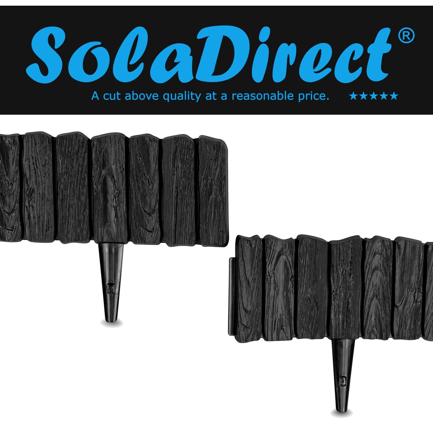 Black Lawn Edging Border - 2.26 m / 7.4 ft Long Garden Palisade with Wood Bark Effect - Fencing with Ground Stakes