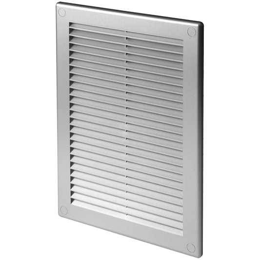 Silver Louvred Wall Vent Grille with Flyscreen and Screw Covers, 180 x 250 mm, Air Ventilation Duct Cover with Flat Back