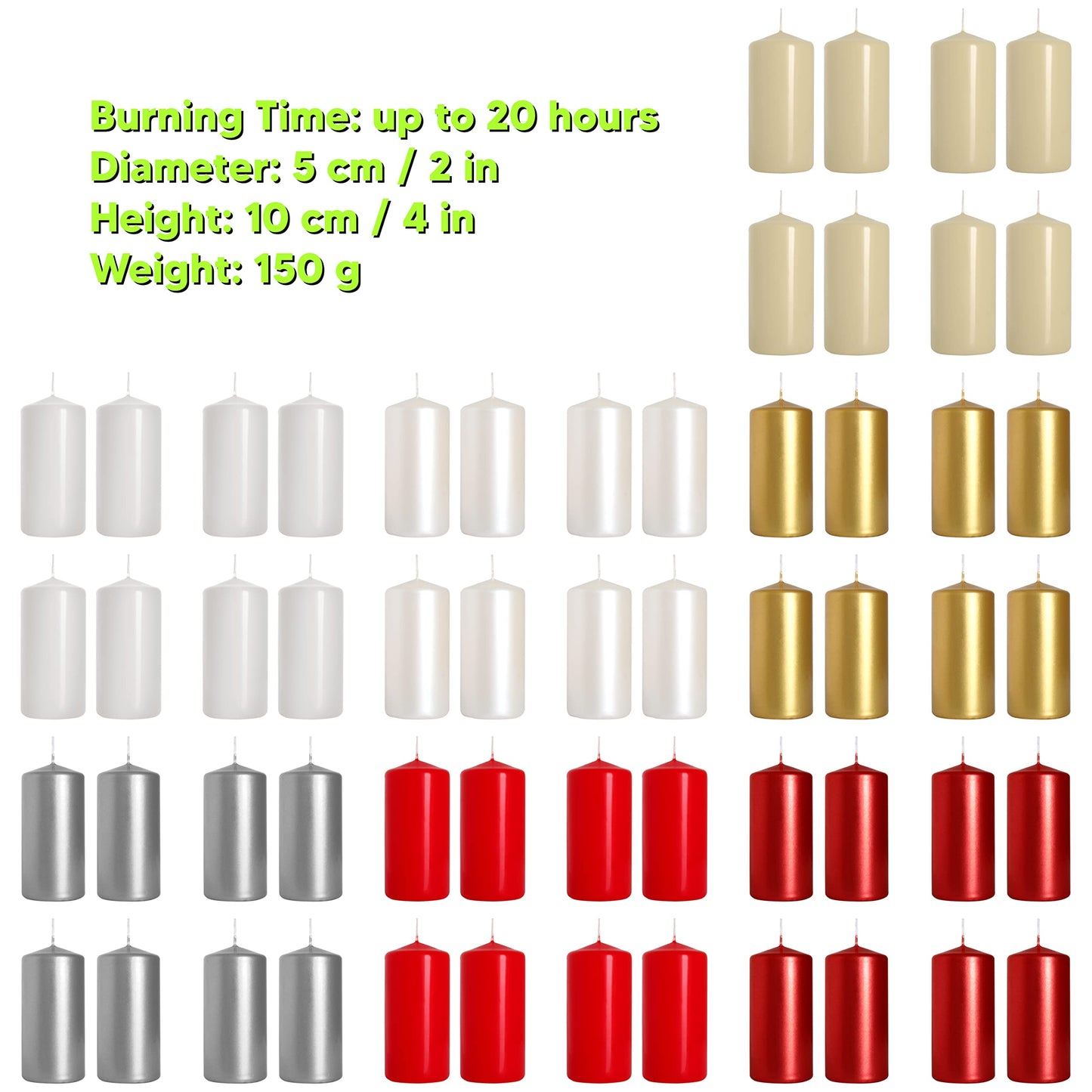 Pillar Candles, Pack of 8, Unscented, Long Burning Time, 10 x 5 cm / 4 x 2 in (Pearl, Metallic)