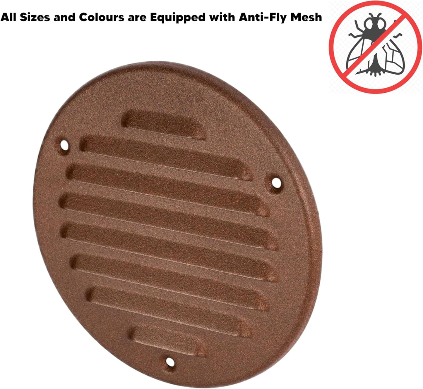 Brown Louvred Wall Vent Grille with Flyscreen, Fits 125 mm / 5 in Ducts, Round Ventilation Grille with Flat Back
