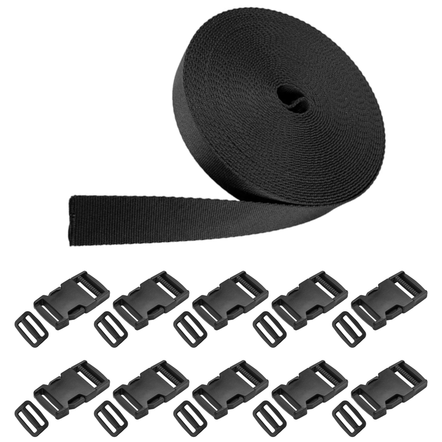 5 m / 5.5 yd Heavy-Duty Webbing Strap, 10 Sets Side Release Buckles and Tri-Glide Slides (25 mm / 1 inch, Black)
