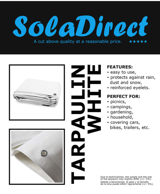 6 x 10m Tarpaulin Waterproof Heavy Duty Cover Ground Sheet Camping with 4 Tarp Clips + 10m / 30ft Bungee Cord (White - 90GSM)