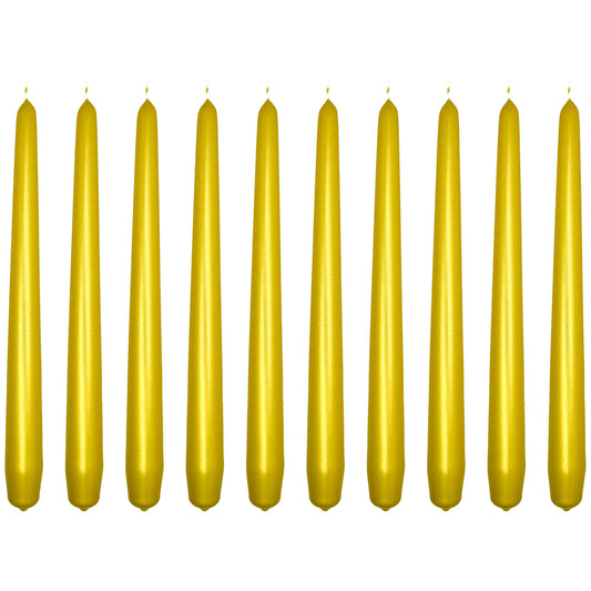 Tapered Dinner Candles, Pack of 10, Unscented, Long Burning Time, 24 cm / 9.45" (Gold, Metallic)