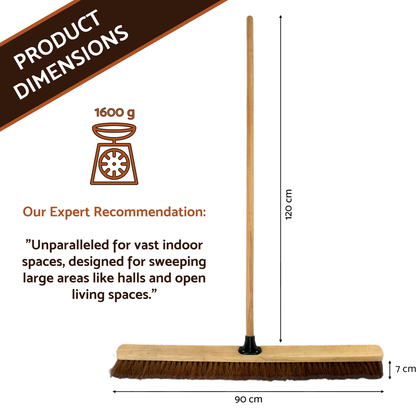 36-Inch Wide Coco Broom with Wooden Handle - Soft Bristle Indoor Sweeping Broom for Home, Kitchen, Hardwood Floors
