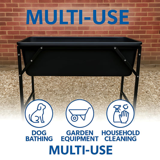 Dog Bath Tub 90L with Metal Stand and Drain Plug - Large Plastic Pet Bath Container with Foldable Raised Frame and Valve