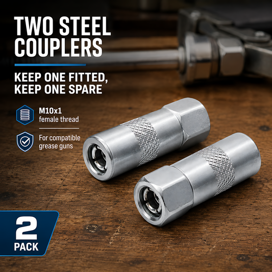 2 x Steel 4-Jaw Grease Gun Couplers Tips M10x1 for Hydraulic Grease Nipples for Cars, Tractors, Excavators, Agricultural Machinery