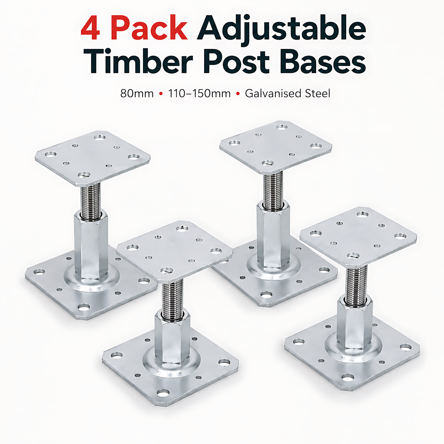 4 x 110-150mm Steel Adjustable Timber Post Base 80mm for Decking, Gazebos, Fences, Pergolas, Carports, Canopies, Garden Structures