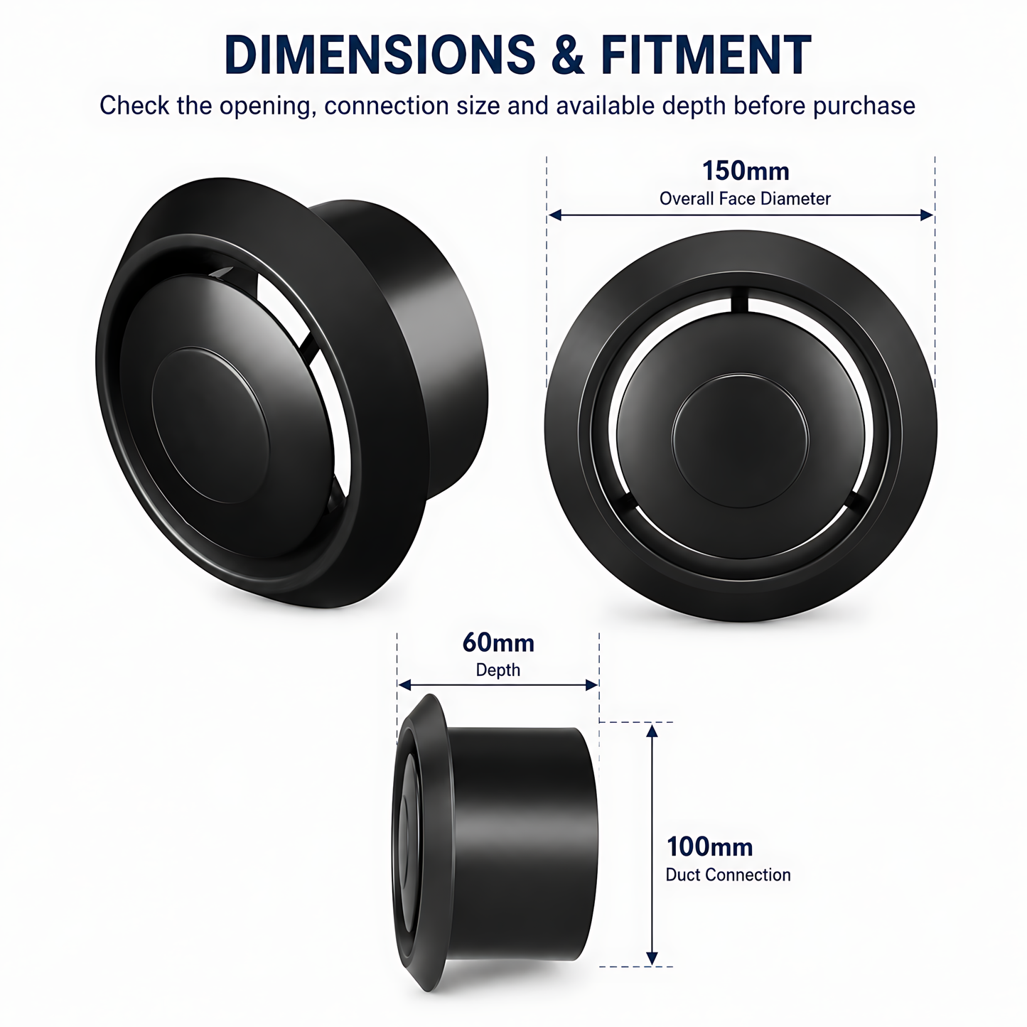Round Ceiling Air Vent Diffuser 100mm with Adjustable Airflow Plate, Black - 150mm Face Diameter, 60mm Depth, PS Construction