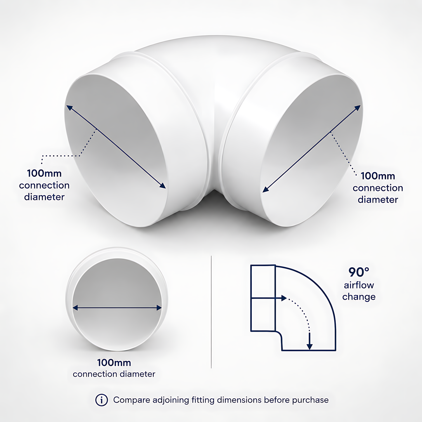 Rigid Round Ventilation Duct Elbow 100mm, 90 Degree Bend for Extractor Fans - 100mm Connection Diameter, 90 Degree Airflow Change